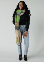 Tan, Blue & Green Plaid Long Scarf with Fringe