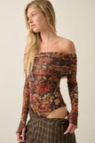 Floral-Print Mesh Foldover Off-Shoulder Bodysuit