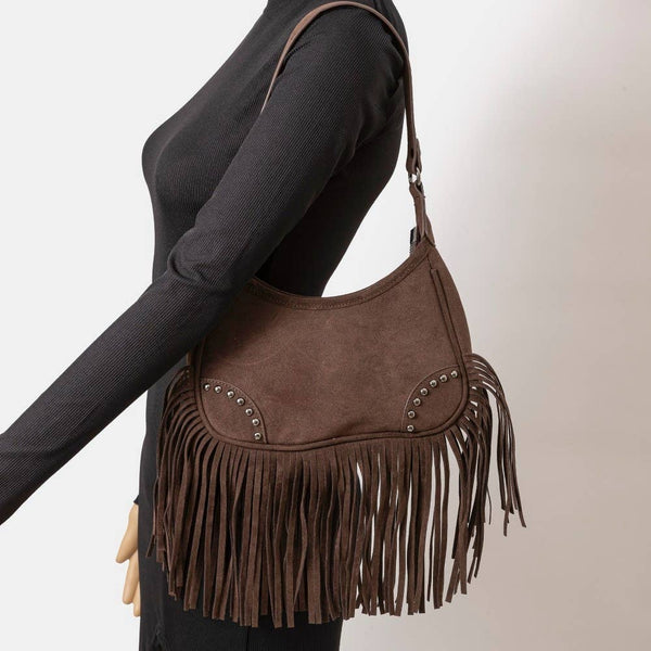 Faux Suede Fringe Belt Decor Shoulder Bag