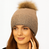 Rhinestone Ribbed Fur Pom Beanie