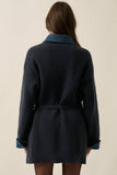 Rib-Knit & Denim Collared Buttoned Belted Mini Sweater Dress