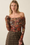 Floral-Print Mesh Foldover Off-Shoulder Bodysuit