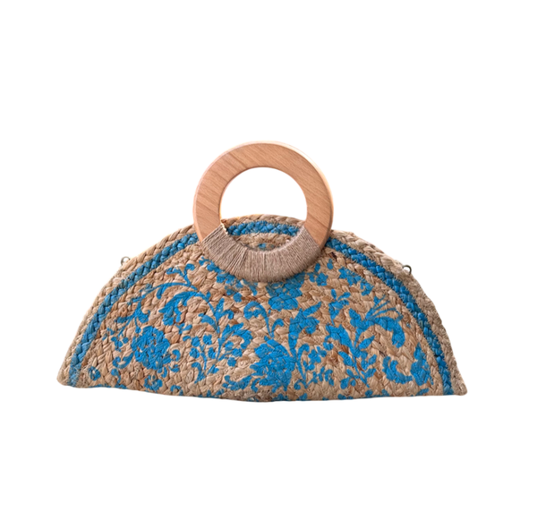 Turquoise Jute Round Handle Clutch