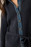 Rib-Knit & Denim Collared Buttoned Belted Mini Sweater Dress