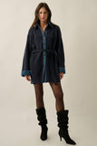 Rib-Knit & Denim Collared Buttoned Belted Mini Sweater Dress