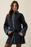 Rib-Knit & Denim Collared Buttoned Belted Mini Sweater Dress