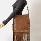 Faux Suede Grommet Fringe Tote Bag