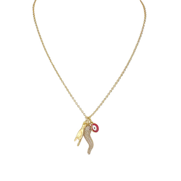 Lisa Perfect CZ Italian Horn & Evil Eye Charm Necklace
