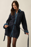 Rib-Knit & Denim Collared Buttoned Belted Mini Sweater Dress