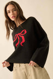 Red Ribbon-Bow Knit Sweater