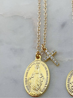 Large Virgin Mary Miraculous Medal and Cross Necklace