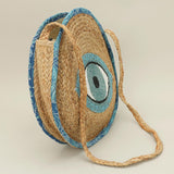 Beaded Blue Evil Eye Round Raffia Bag