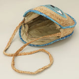 Beaded Blue Evil Eye Round Raffia Bag