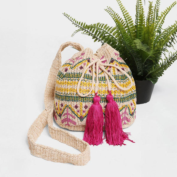 Straw Tassel Drawstring Bucket Bag