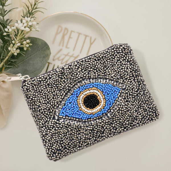 Gray Evil Eye Beaded Mini Pouch Bag