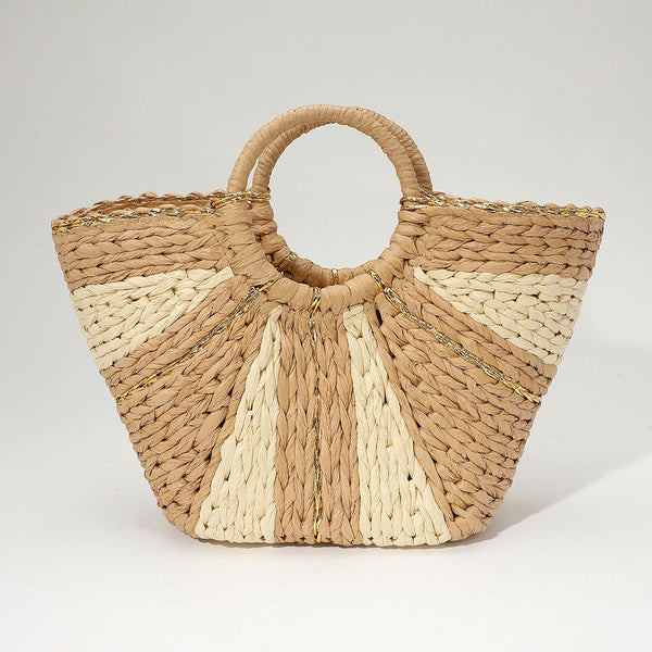 Two Tone Raffia Round Handle Tote Bag