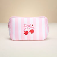 Striped Bow Cherry Printed Cosmetic Pouch Bag