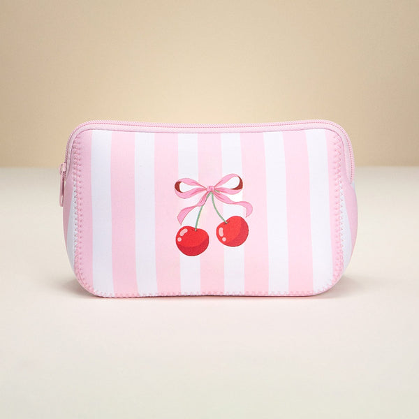 Striped Bow Cherry Printed Cosmetic Pouch Bag