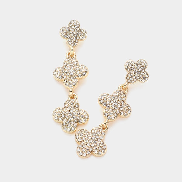 Gold Triple Pave Quatrefoil Earrings
