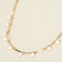 Pearl Drop Charm Station Paperclip Chain Necklace