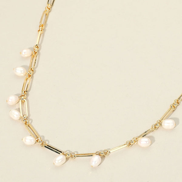Pearl Drop Charm Station Paperclip Chain Necklace