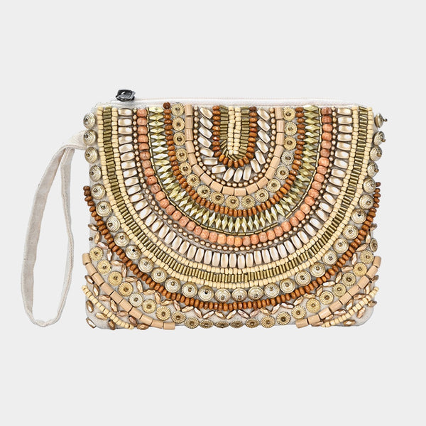 Wood Metal Beaded Wristlet Bag