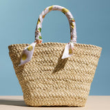Fruit Print Scarf Wrapped Raffia Bag