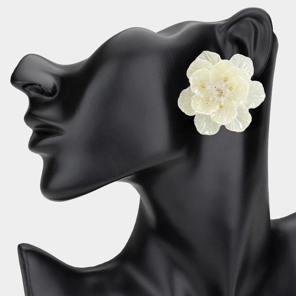 Ivory Beaded Resin Petal Flower Earrings