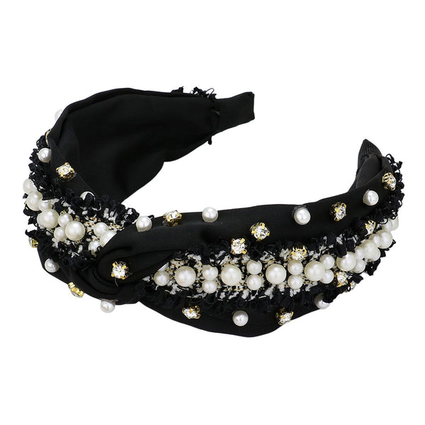 Pearl and Stone Embellished Tweed Knot Headband