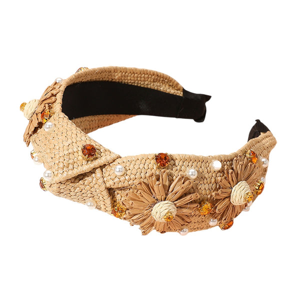 Embellished Flower Raffia Knot Headband