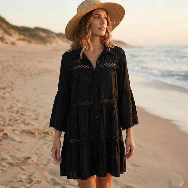 Button Front Lace Trim Beach Dress Button Front Lace Trim Beach Dress