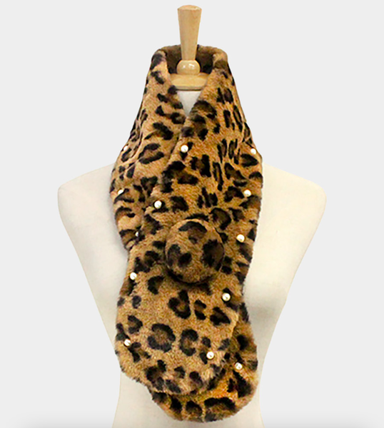 Pearl Embellished Leopard Fur Scarf