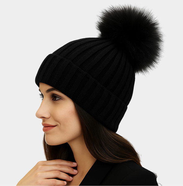Rabbit Hair Fur Pom Pom Beanie