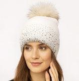 Rhinestone Ribbed Fur Pom Beanie