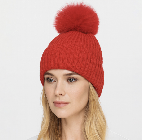Red Knit Pom Pom Beanie