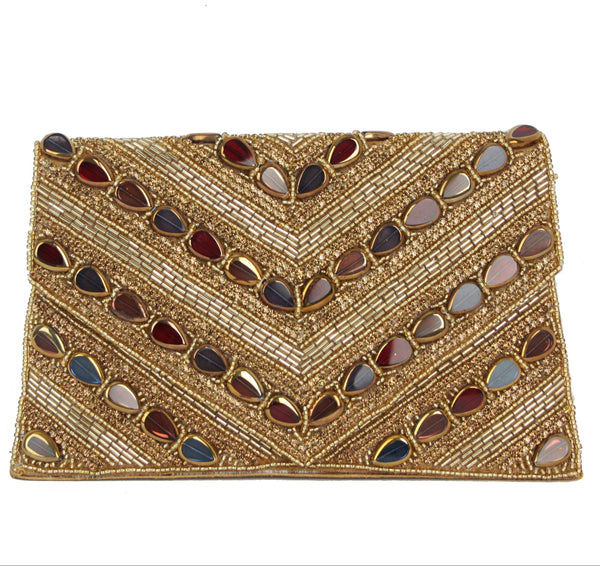 Gold Beaded Envelope Clutch Bag