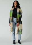 Tan, Blue & Green Plaid Long Scarf with Fringe