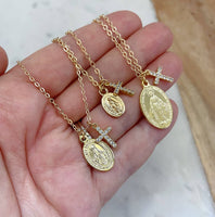 Large Virgin Mary Miraculous Medal and Cross Necklace