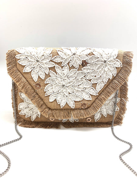White Floral Fringe Clutch