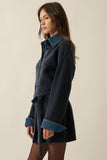 Rib-Knit & Denim Collared Buttoned Belted Mini Sweater Dress
